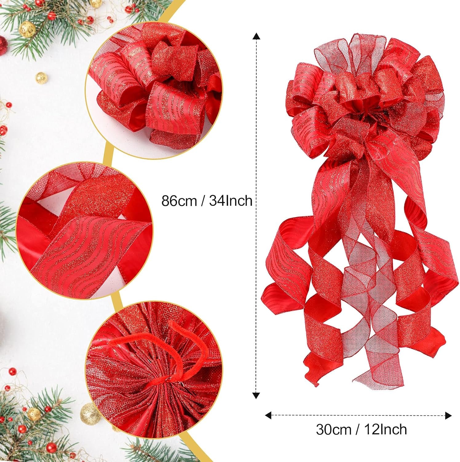 Christmas Tree Topper Decorations 34X12 Inch Large Christmas Bows Tree Ornaments and 24 Pcs Christmas Tree Flowers for Christmas Holiday Party Decorative(Red)