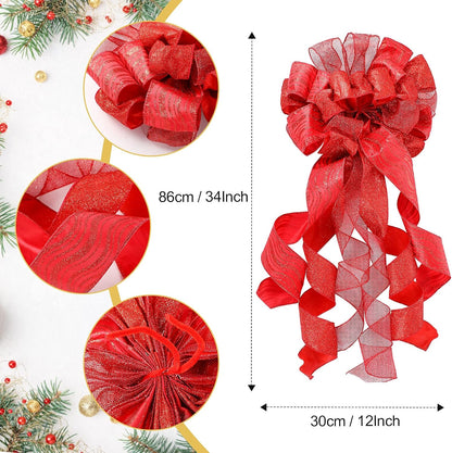 Christmas Tree Topper Decorations 34X12 Inch Large Christmas Bows Tree Ornaments and 24 Pcs Christmas Tree Flowers for Christmas Holiday Party Decorative(Red)