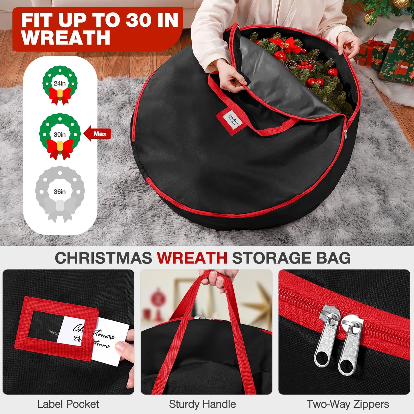 3Pcs Christmas Tree Storage Bag, Christmas Tree Bag for 7.5 FT Artificial Trees, Durable Waterproof with Reinforced Carrying Handles (Black)