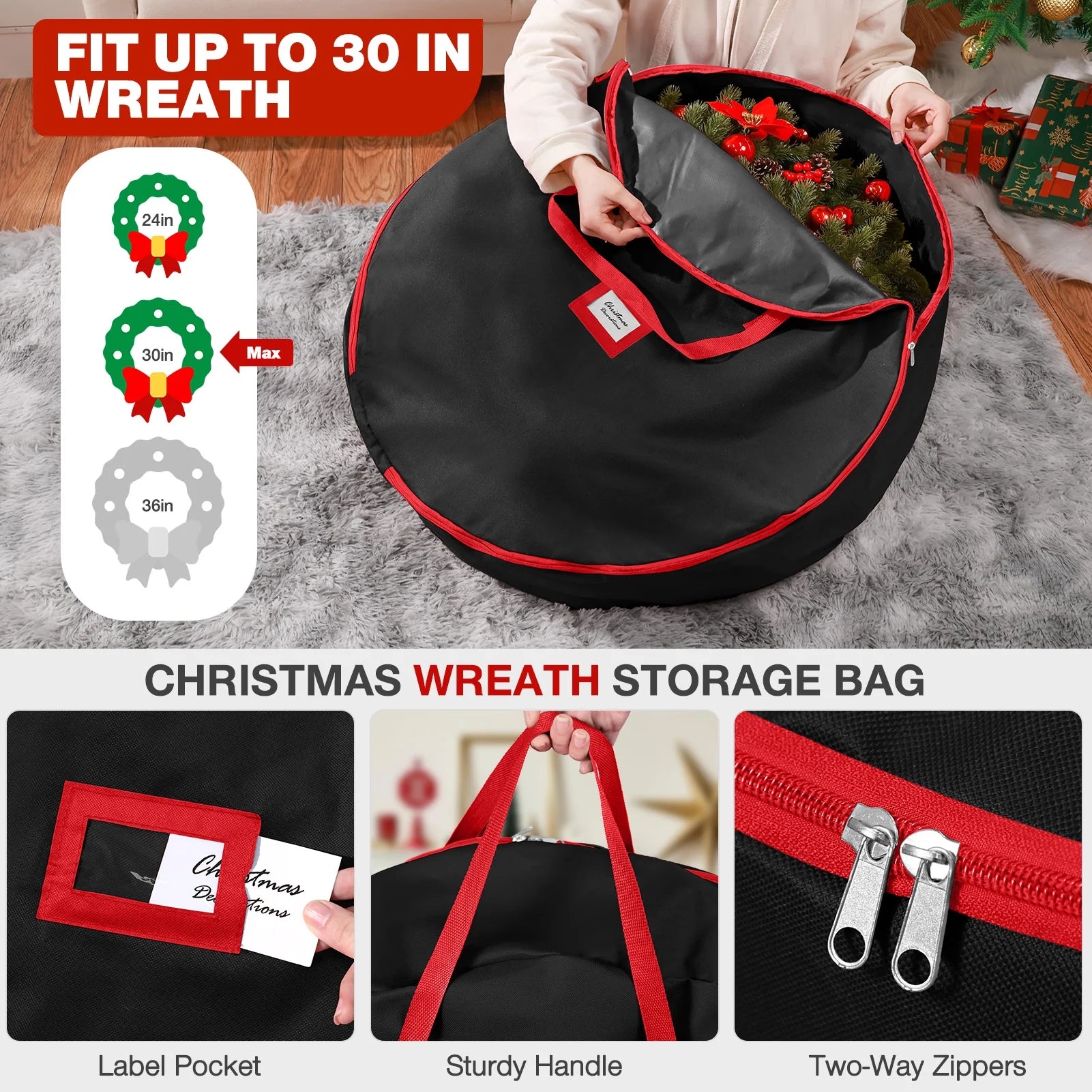 3Pcs Christmas Tree Storage Bag, Christmas Tree Bag for 7.5 FT Artificial Trees, Durable Waterproof with Reinforced Carrying Handles (Black)