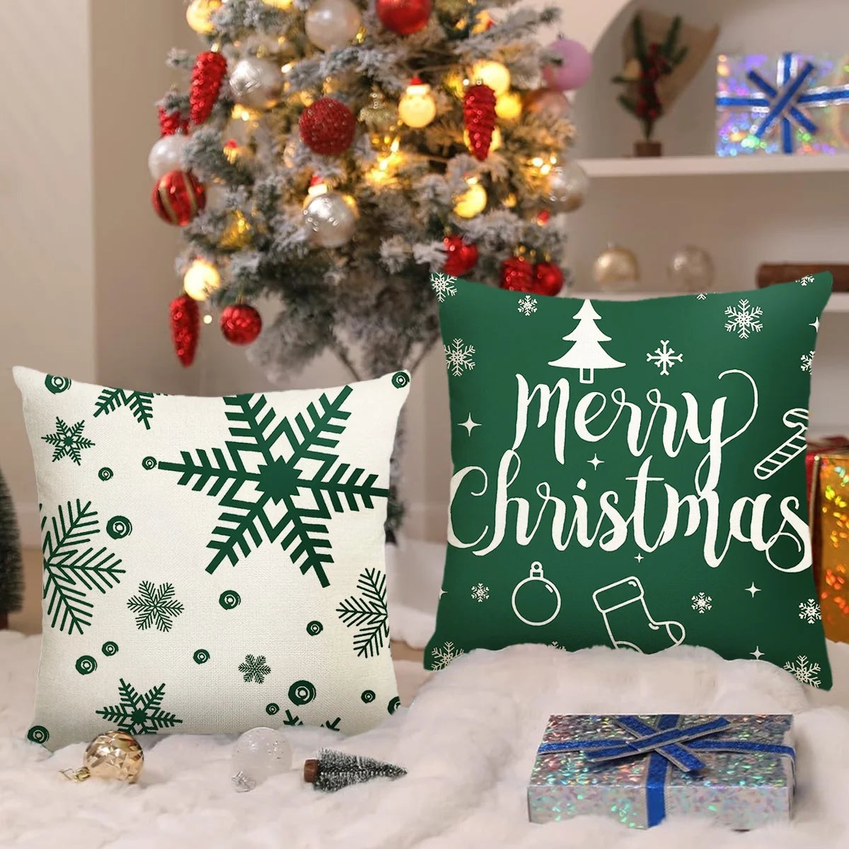 Christmas Throw Pillow Covers 18''X18'' Set of 4 Decorative Holiday Pillows Cover Cases Farmhouse Decor for Xmas Decoration Home Couch Sofa, Green