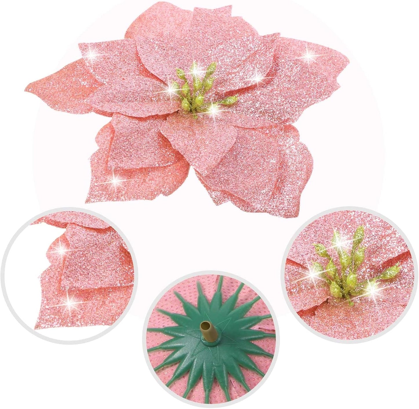 36 Pieces Christmas Glitter Poinsettia 3/4/6 Inch Faux Flowers Christmas Flowers Decorations Wedding Xmas Tree New Year Ornaments(Rose Gold)