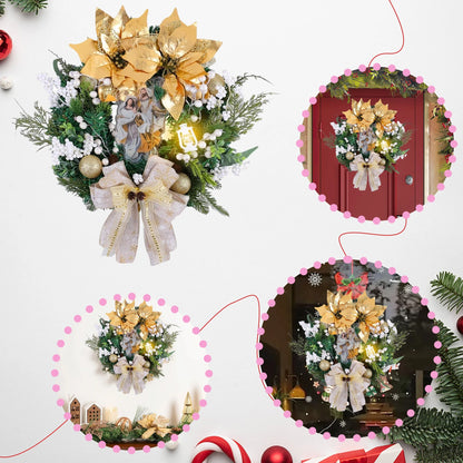 Christmas Wreath with Golden Poinsettia & Lights, 16-Inch Front Door Holiday Decor Wreath with Bow & Ornaments