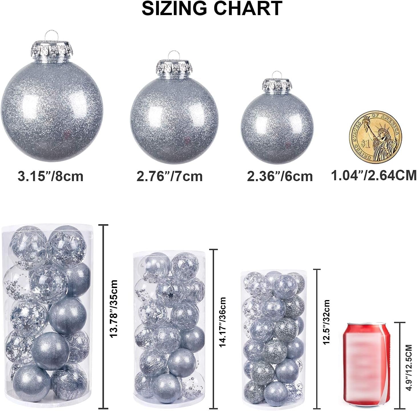 24 Pcs Christmas Decorations Ornaments, 4 Styles Sliver Christmas Tree Balls, 2.76 Inches Shatterproof Ornaments Set for Outdoor Indoor Holiday Wedding Party
