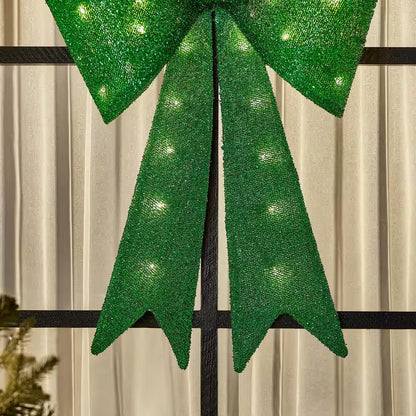 24 In. Yuletide Lane LED Green Tinsel Bow Holiday Yard Decoration