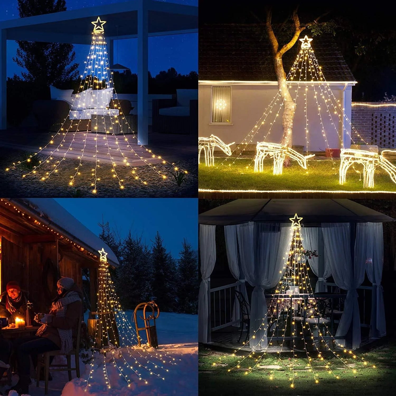 Christmas Outdoor Star Lights Waterfall Tree Lights 344 LED 10Ft 12" Topper Star for Lawn Yard Garden Holiday Xmas New Year Warm White