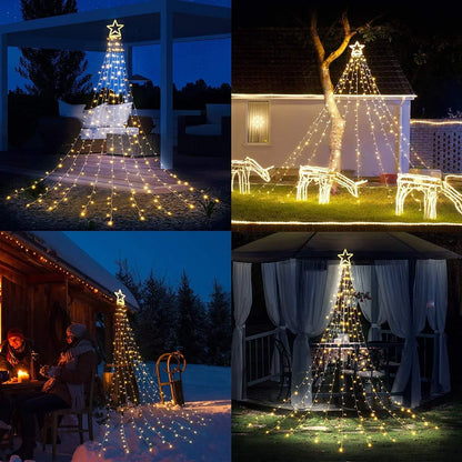 Christmas Outdoor Star Lights Waterfall Tree Lights 344 LED 10Ft 12" Topper Star for Lawn Yard Garden Holiday Xmas New Year Warm White