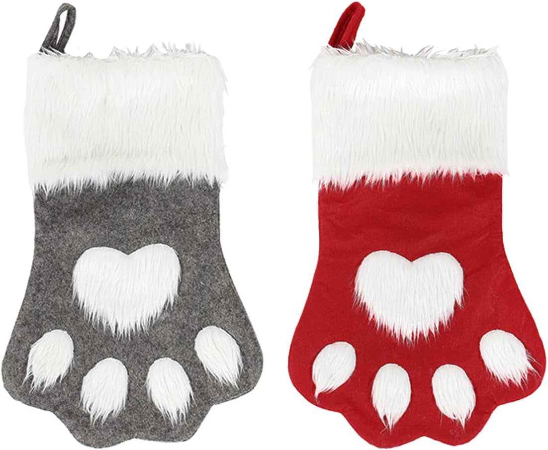 Pet Paw Plush Christmas Stockings 2 Pack Xmas Decorations Fireplace Hanging Socks Family Holiday Dog Cat Gift Stockings (Grey & Red)