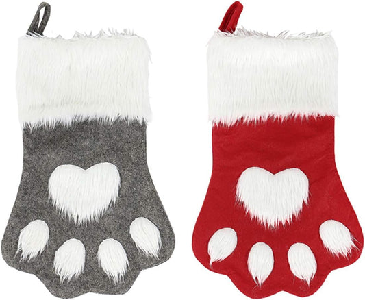 Pet Paw Plush Christmas Stockings 2 Pack Xmas Decorations Fireplace Hanging Socks Family Holiday Dog Cat Gift Stockings (Grey & Red)