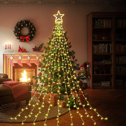 Christmas Outdoor Star Lights Waterfall Tree Lights 344 LED 10Ft 12" Topper Star for Lawn Yard Garden Holiday Xmas New Year Warm White