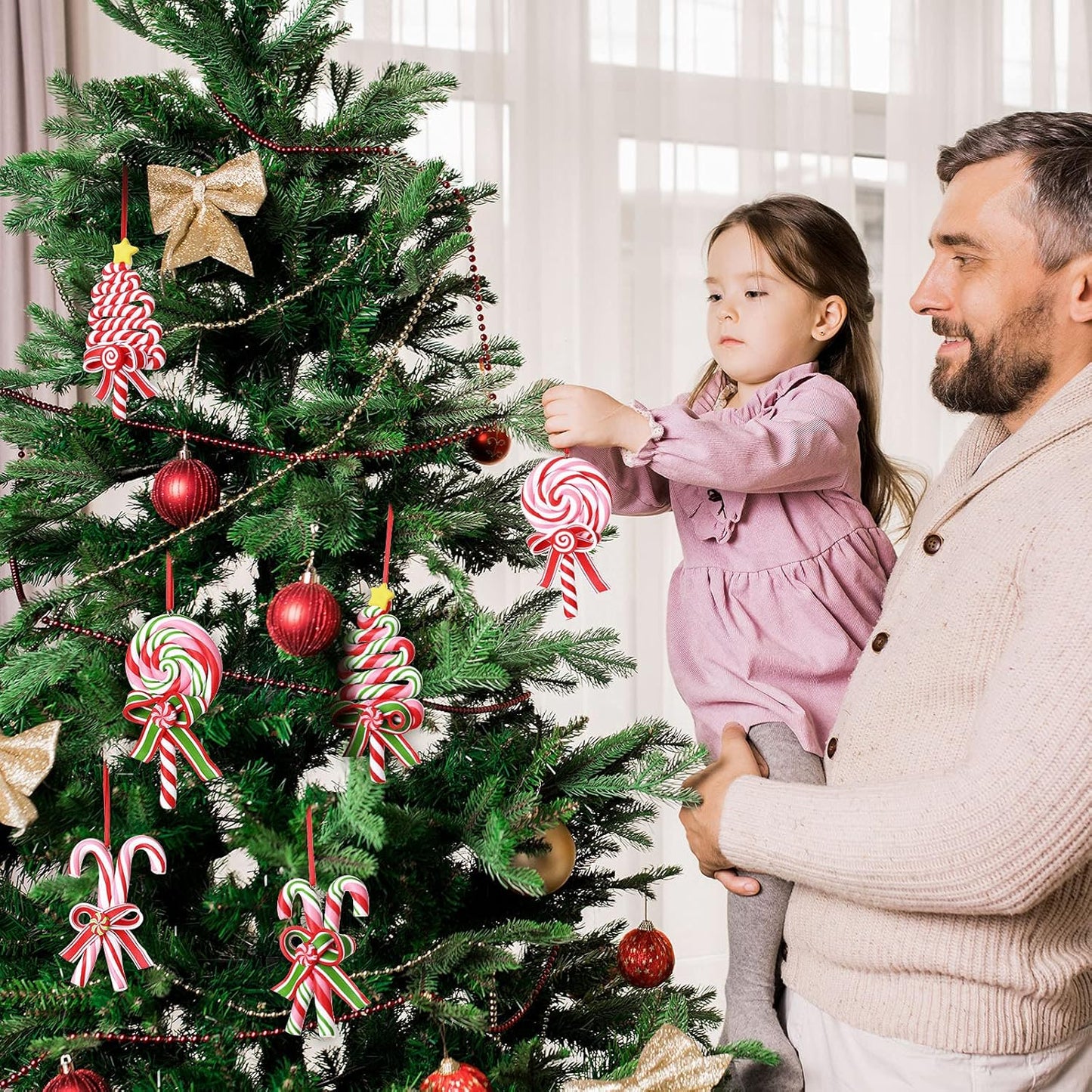 6 Pieces Christmas Candy Cane Ornaments Tree Lollipop Hanging Decorations 4.7 X 2.4 in Polymer Clay Red and White Peppermint Decoration Fake Candy Pendant Crafts for Xmas Wreath Party Supplies