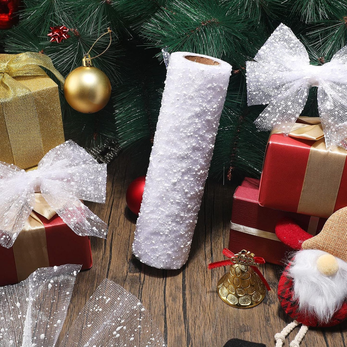10 Inch X 30 Feet Christmas Snow Poly Mesh Ribbon Decorated Snowball Mesh Ribbon for Christmas Graduation Party Decoration (White)