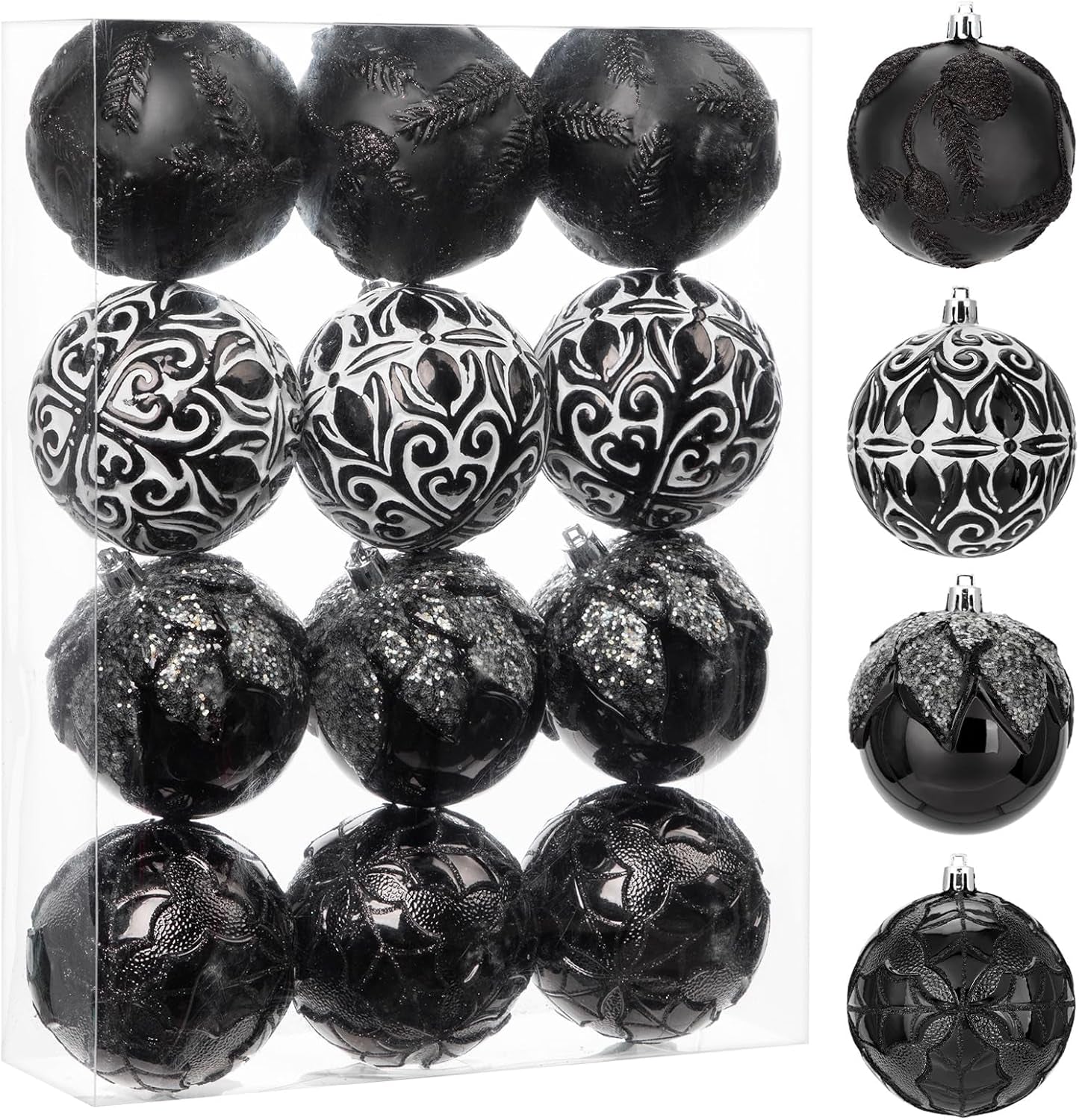 3.15"/80Mm Black Christmas Ball Ornaments 12 Pcs Shatterproof Christmas Tree Relief Ornament Set Large Hanging Ornaments Balls for Halloween Holiday Wreath Home Decor
