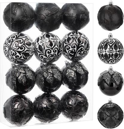 3.15"/80Mm Black Christmas Ball Ornaments 12 Pcs Shatterproof Christmas Tree Relief Ornament Set Large Hanging Ornaments Balls for Halloween Holiday Wreath Home Decor