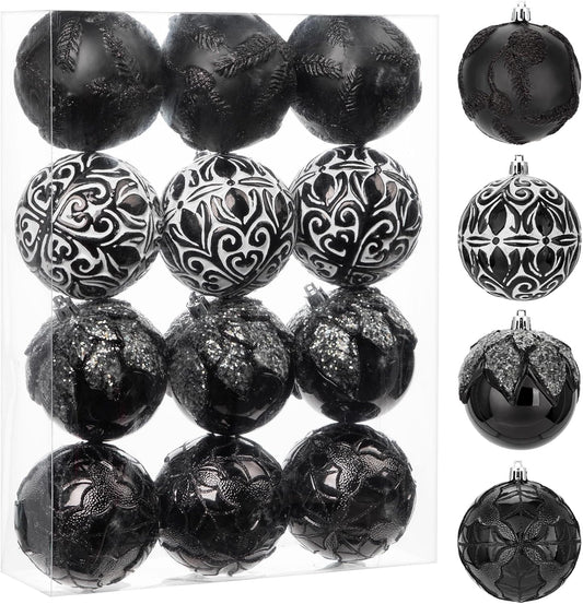 3.15"/80Mm Black Christmas Ball Ornaments 12 Pcs Shatterproof Christmas Tree Relief Ornament Set Large Hanging Ornaments Balls for Halloween Holiday Wreath Home Decor