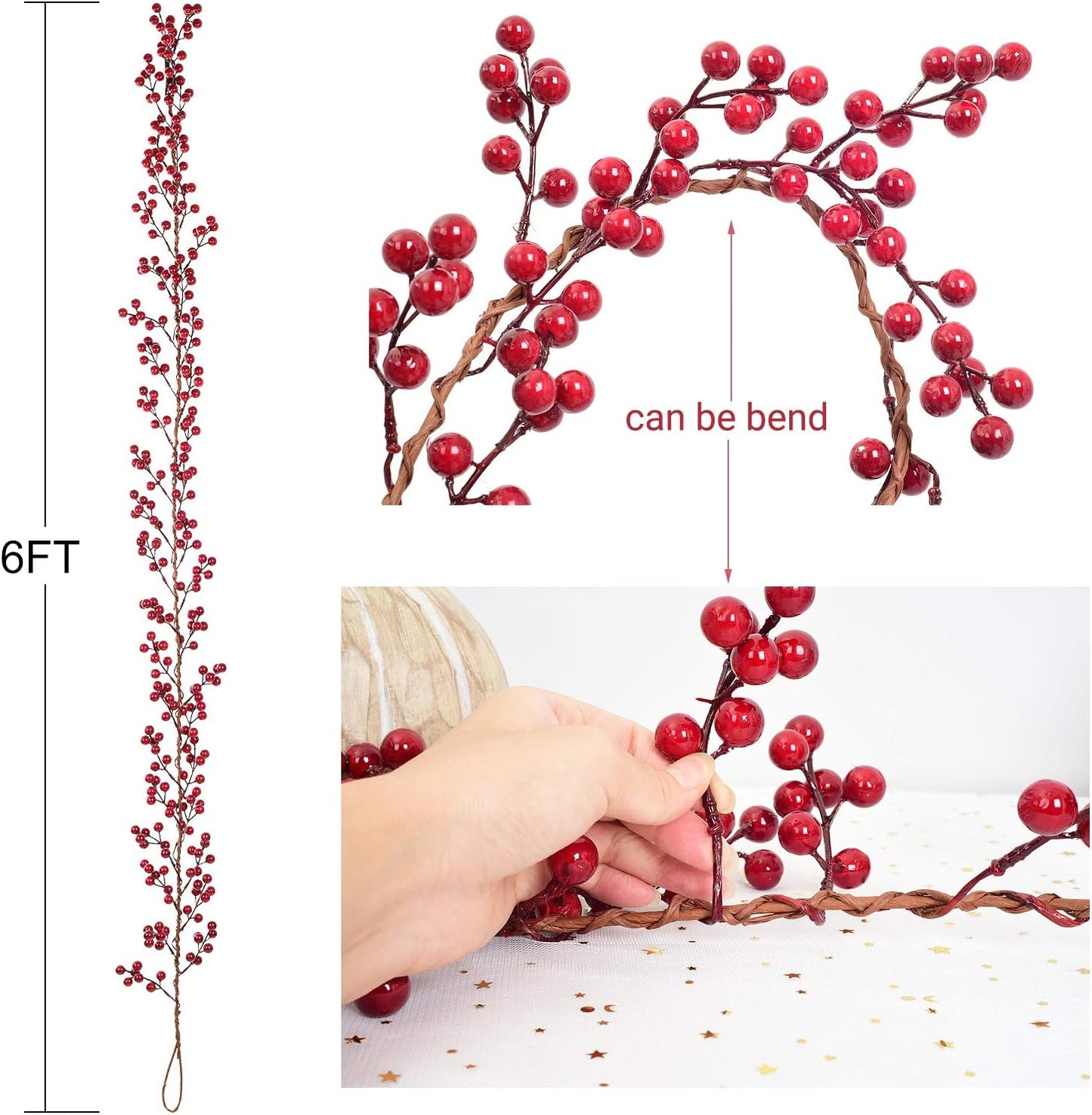 6FT Red Berry Garland, Flexible Artificial Red and Burgundy Berry Christmas Garland for Indoor Outdoor Home Fireplace Decoration for Winter Holiday New Year Decor