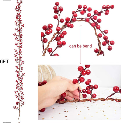 6FT Red Berry Garland, Flexible Artificial Red and Burgundy Berry Christmas Garland for Indoor Outdoor Home Fireplace Decoration for Winter Holiday New Year Decor