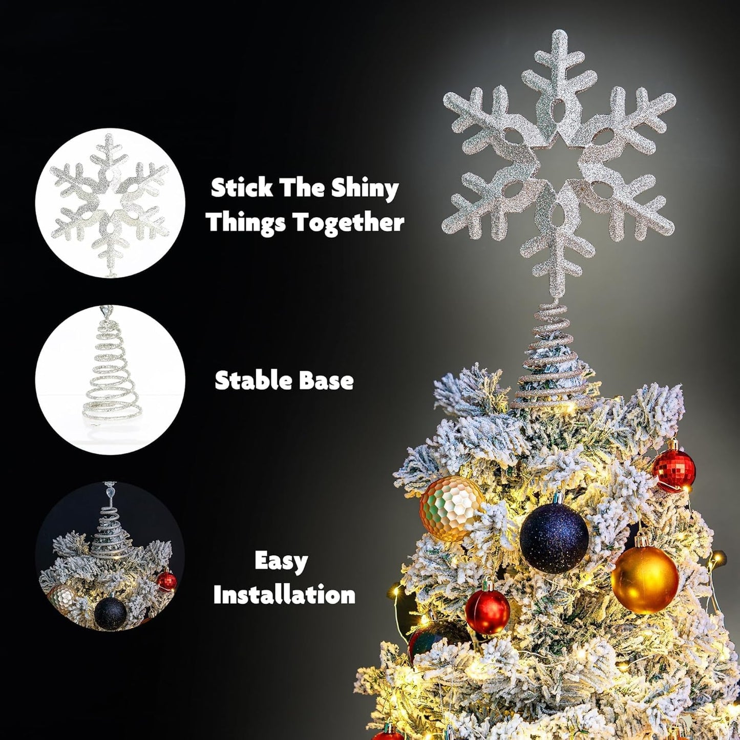 Tree Topper Snowflake, 13.25" Silver Glittered Christmas Tree Topper Decor, Christmas Tree Top Ornament Perfect for Any Size Xmas Tree