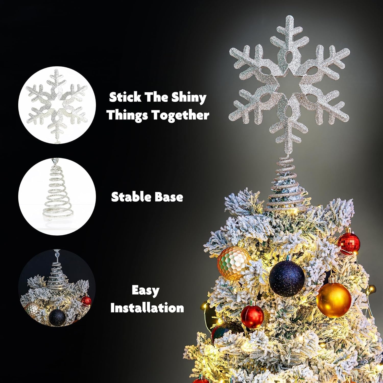 Tree Topper Snowflake, 13.25" Silver Glittered Christmas Tree Topper Decor, Christmas Tree Top Ornament Perfect for Any Size Xmas Tree
