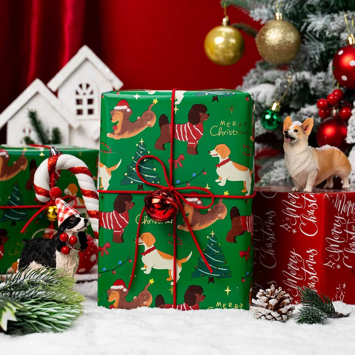 Christmas Wrapping Paper Roll - Green Gift Wrap with Christmas Dog, Christmas Tree, Bowknot - Perfect for Christmas - 17 Inch X 33 Feet