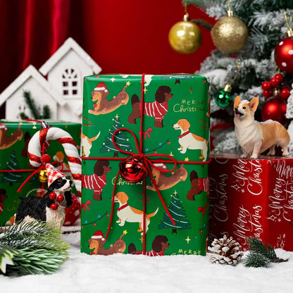 Christmas Wrapping Paper Roll - Green Gift Wrap with Christmas Dog, Christmas Tree, Bowknot - Perfect for Christmas - 17 Inch X 33 Feet
