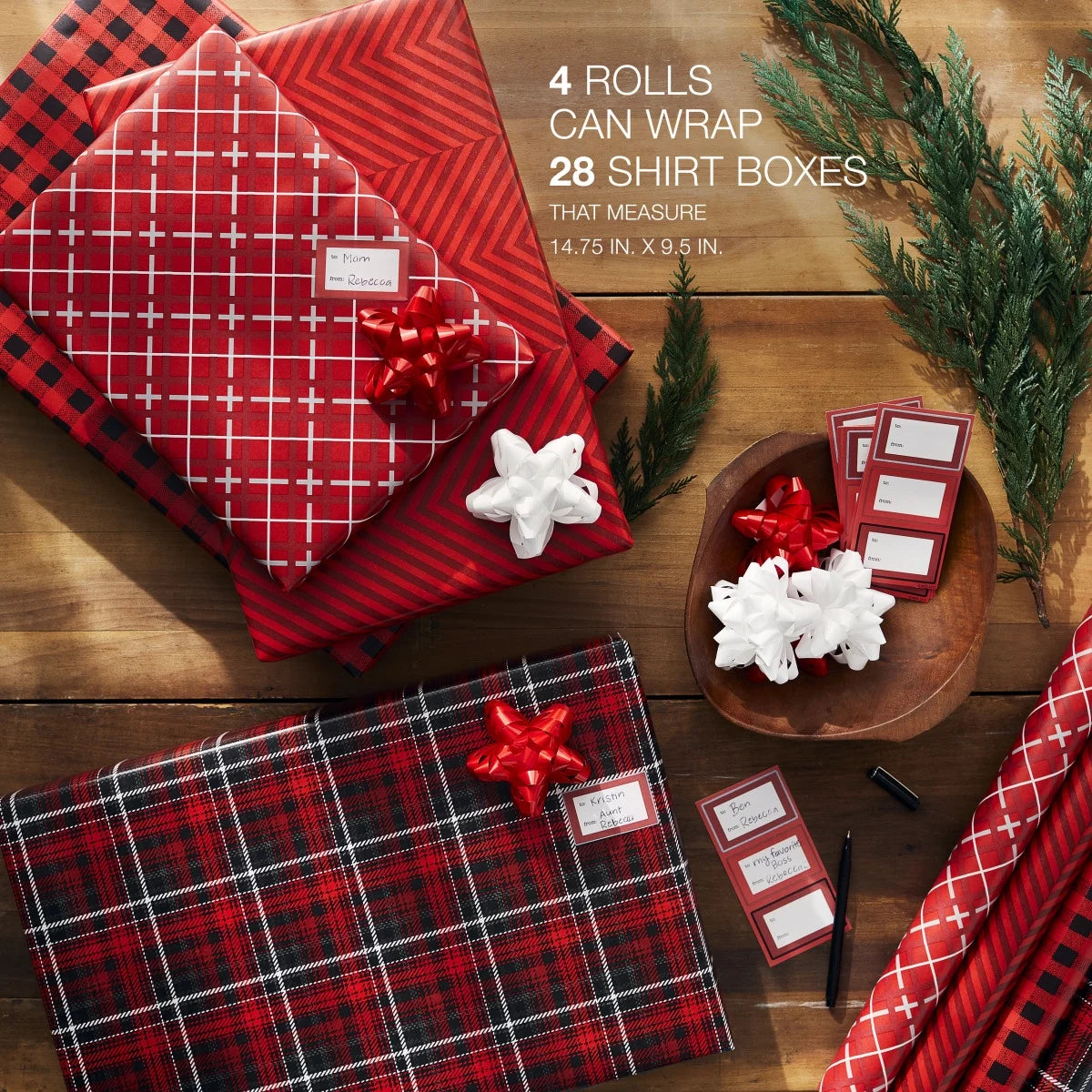 Wrapping Paper Kit with Gridlines, Bows and Gift Tags (4 Rolls, 41-Pieces, 120 Sq. Ft.)