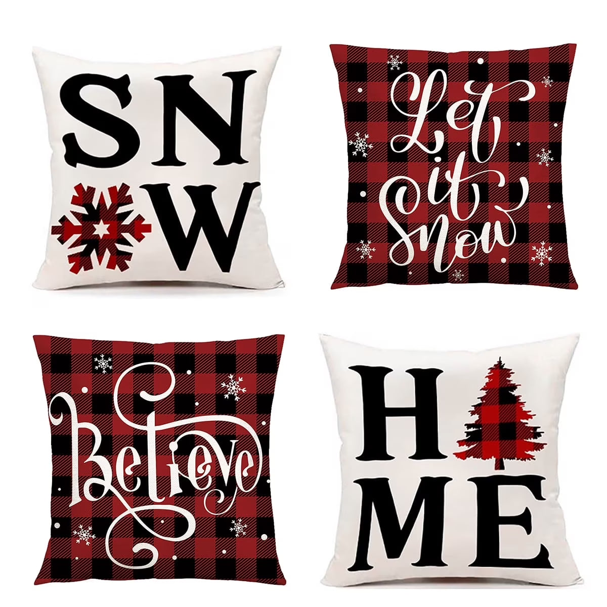 4 Pack Buffalo Plaid Home Snow Throw Pillow Cover 18 X 18 Inch Velvet Christmas Winter Holiday Snowflake Cushion Case Decoration for Sofa Couch Joyful Believe for Couch Sofa