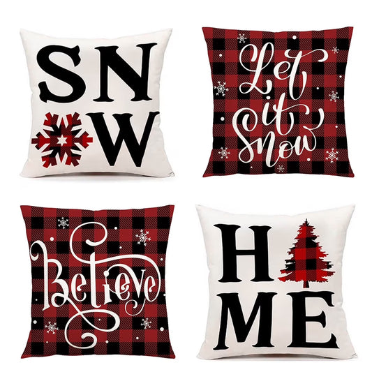 4 Pack Buffalo Plaid Home Snow Throw Pillow Cover 18 X 18 Inch Velvet Christmas Winter Holiday Snowflake Cushion Case Decoration for Sofa Couch Joyful Believe for Couch Sofa