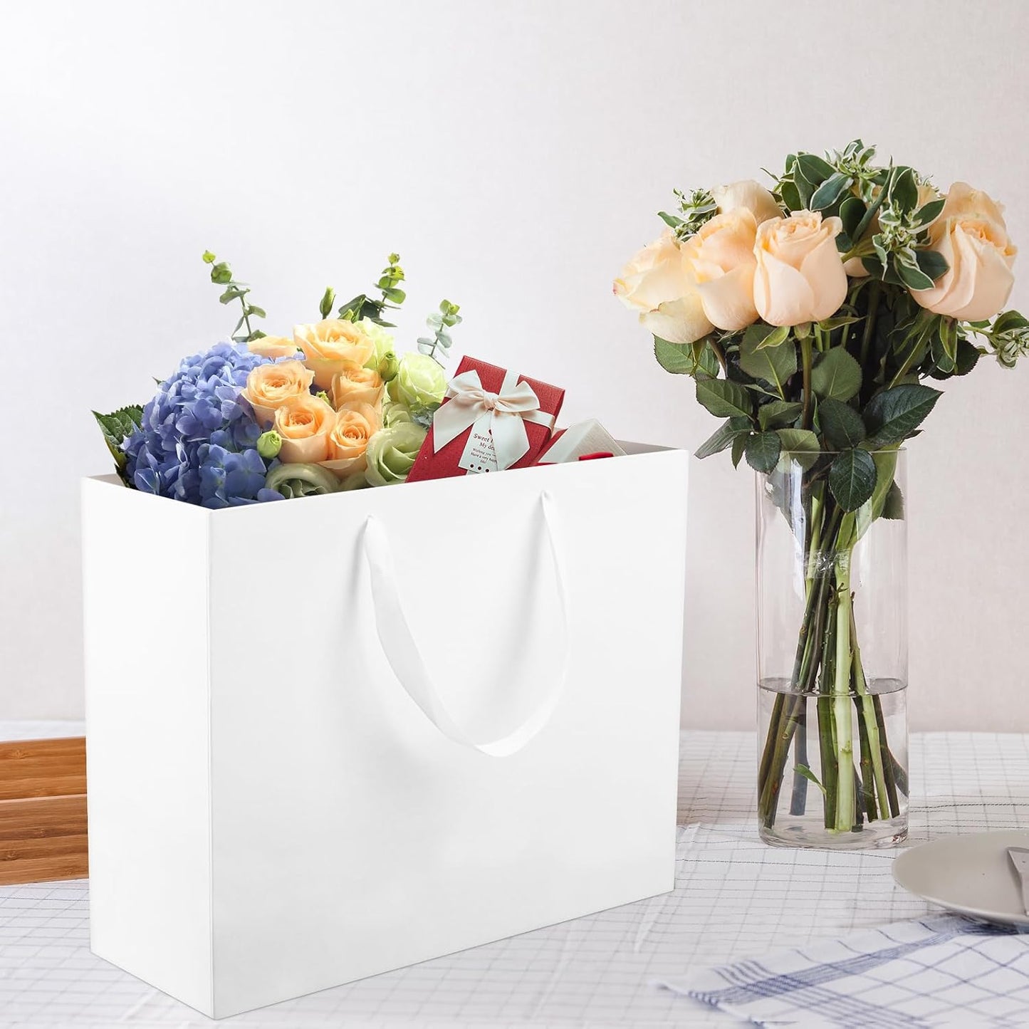 Extra Large Kraft Paper Gift Bags - 12 Pcs, White, 16X6X12 Inches, Ribbon Handles, Party, Wedding and Shopping Bags