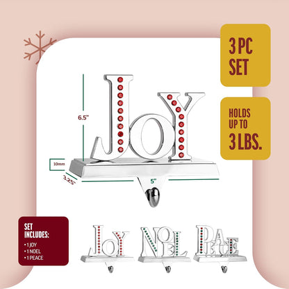 Stocking Holder Set of 3 - Joy Noel Peace Christmas Stocking Hanger for Mantel - Shiny Silver Metal Christmas Stocking Holder for Fireplace Mantle- Heavy Stocking Holder for Mantle with Hook