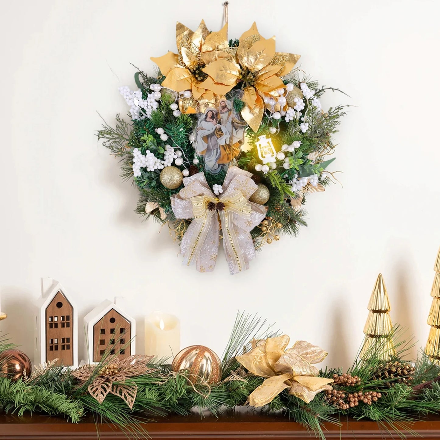 Christmas Wreath with Golden Poinsettia & Lights, 16-Inch Front Door Holiday Decor Wreath with Bow & Ornaments