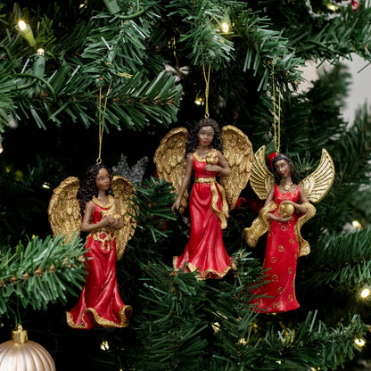 Kurt Adler 4.75" Resin Red & Gold African American Angel Ornament 3/Asstd