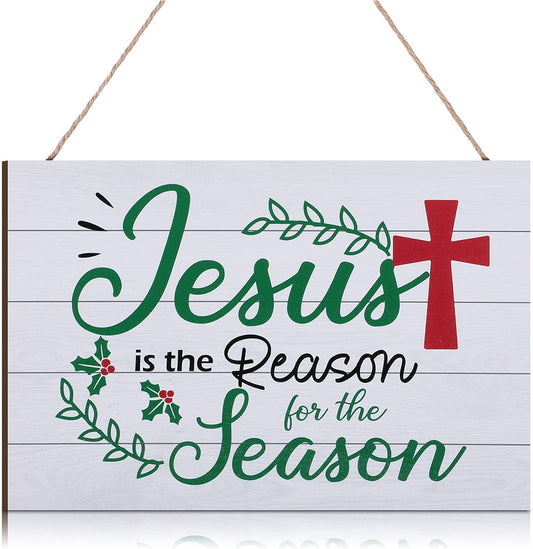 Christmas Jesus Wood Sign Jesus Is the Reason for the Season Hanging Sign Nativity Cross Scene Wall Decor Christmas Tree Ornaments for Holiday Door Wall Indoor Outdoor Decorations(White)