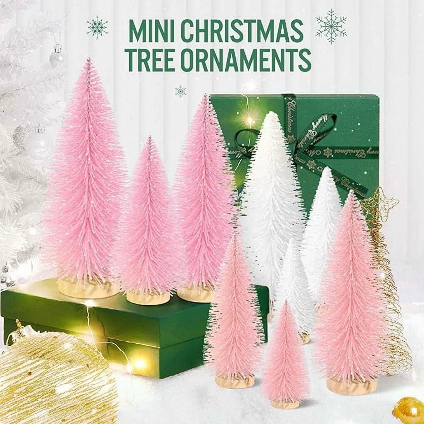 9Pcs Mini Christmas Trees Christmas Decor Artificial Christmas Decorations with 4 Sizes, Christmas Tree Bottle Brush Trees Christmas Table Decorations (Pink+White)