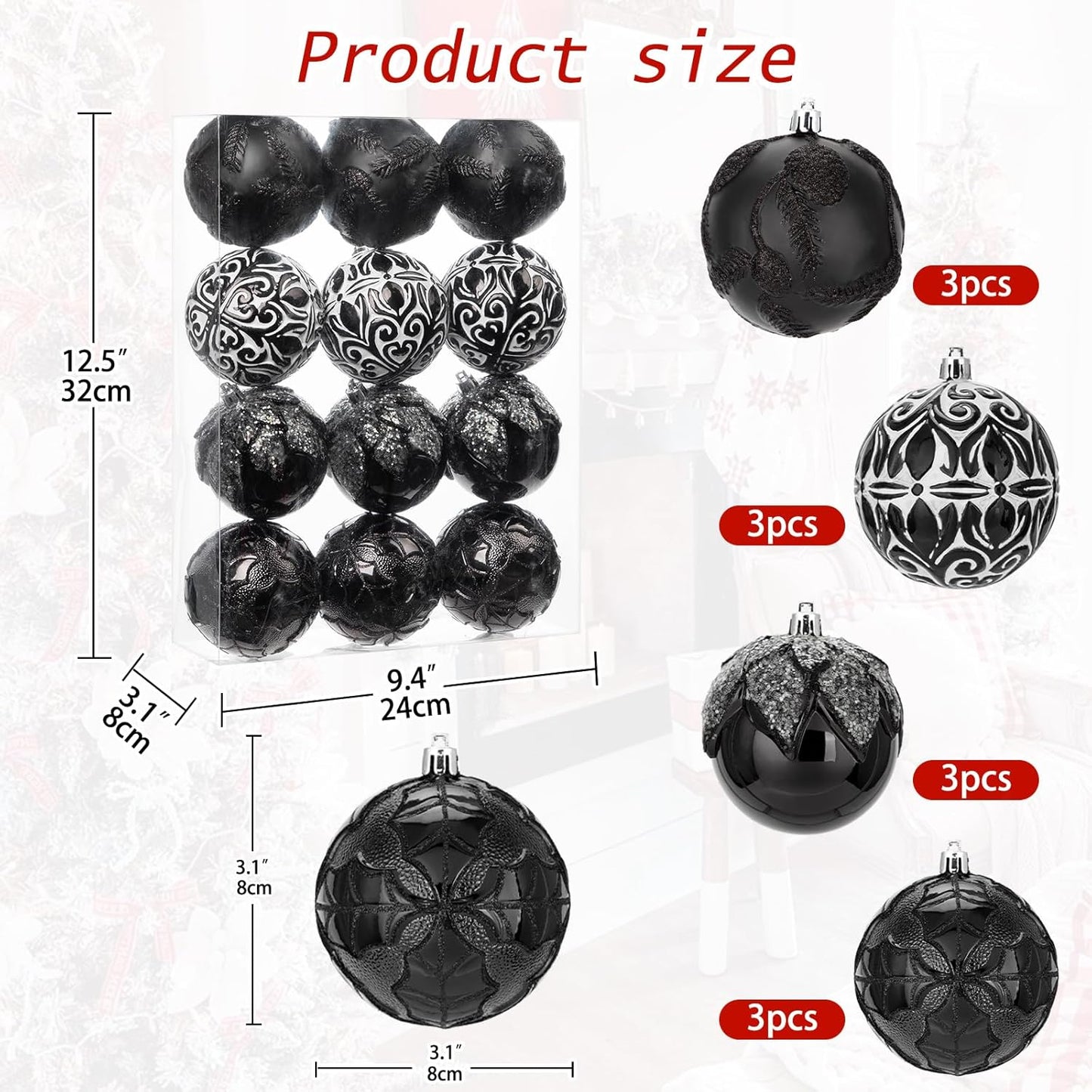 3.15"/80Mm Black Christmas Ball Ornaments 12 Pcs Shatterproof Christmas Tree Relief Ornament Set Large Hanging Ornaments Balls for Halloween Holiday Wreath Home Decor