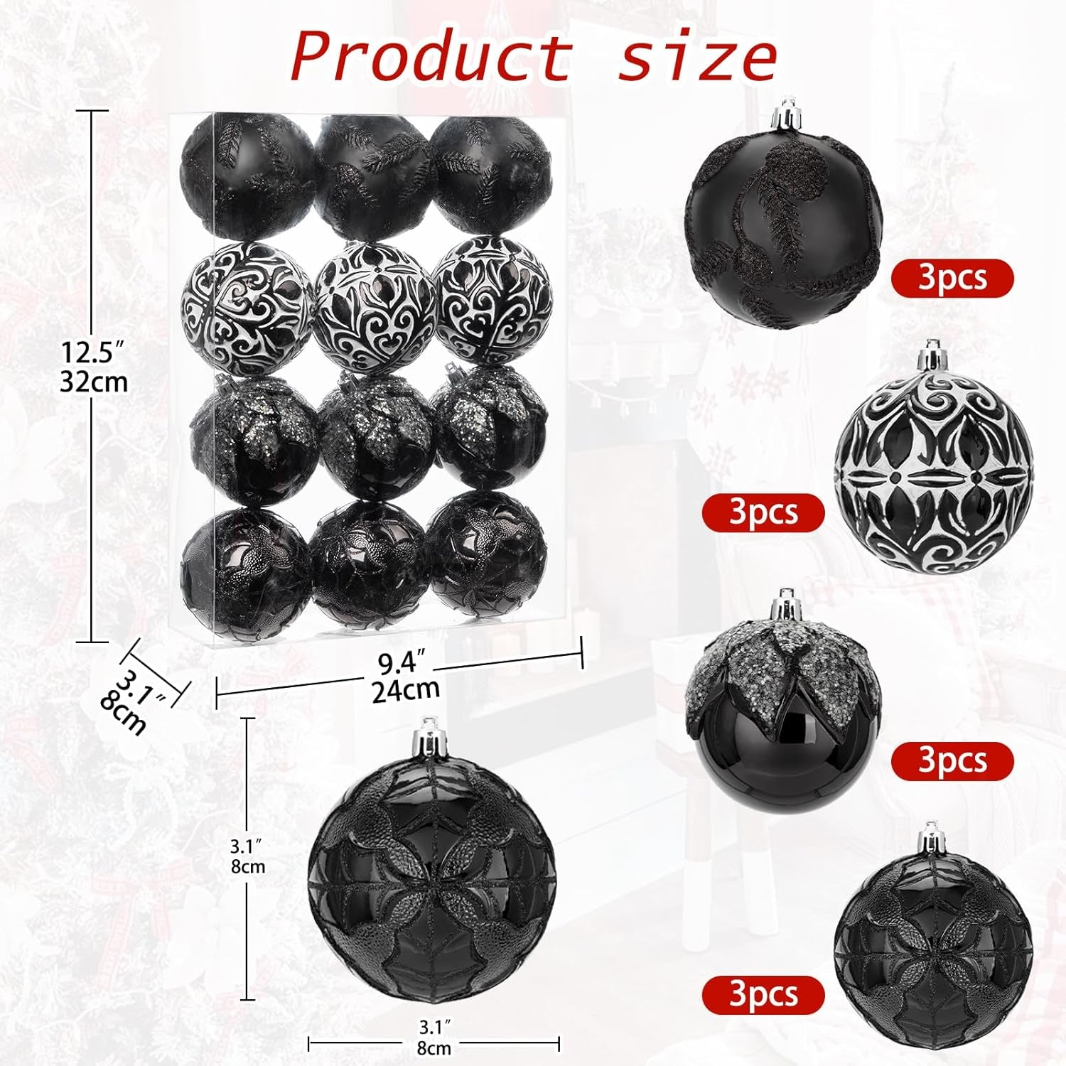 3.15"/80Mm Black Christmas Ball Ornaments 12 Pcs Shatterproof Christmas Tree Relief Ornament Set Large Hanging Ornaments Balls for Halloween Holiday Wreath Home Decor