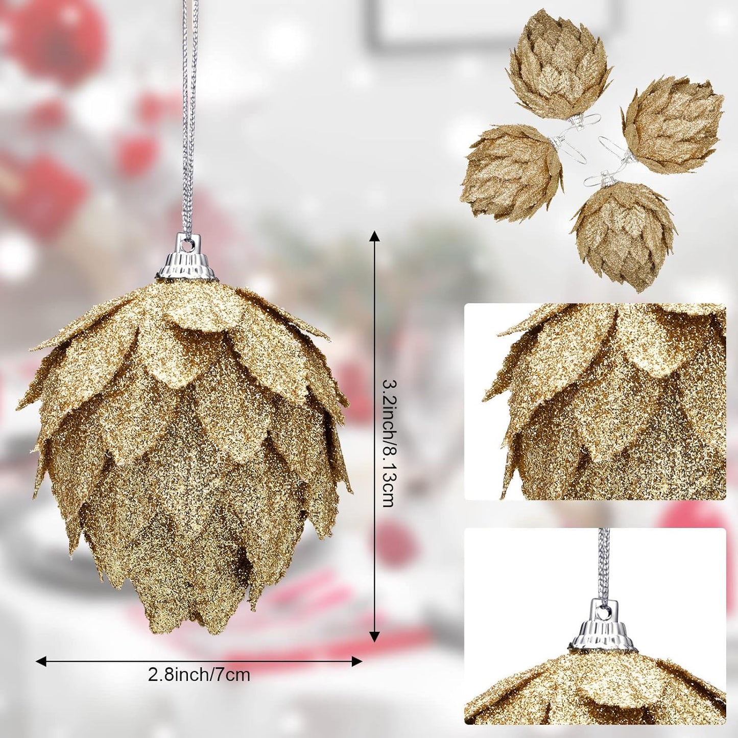 8 Pieces Christmas Ornaments Glitter Christmas Tree Hanging Decoration Decorative Artificial Pine Cones Flowers Hanging Ornaments for Winter Wreath Holiday Decor(Gold)