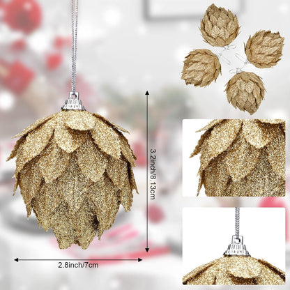 8 Pieces Christmas Ornaments Glitter Christmas Tree Hanging Decoration Decorative Artificial Pine Cones Flowers Hanging Ornaments for Winter Wreath Holiday Decor(Gold)