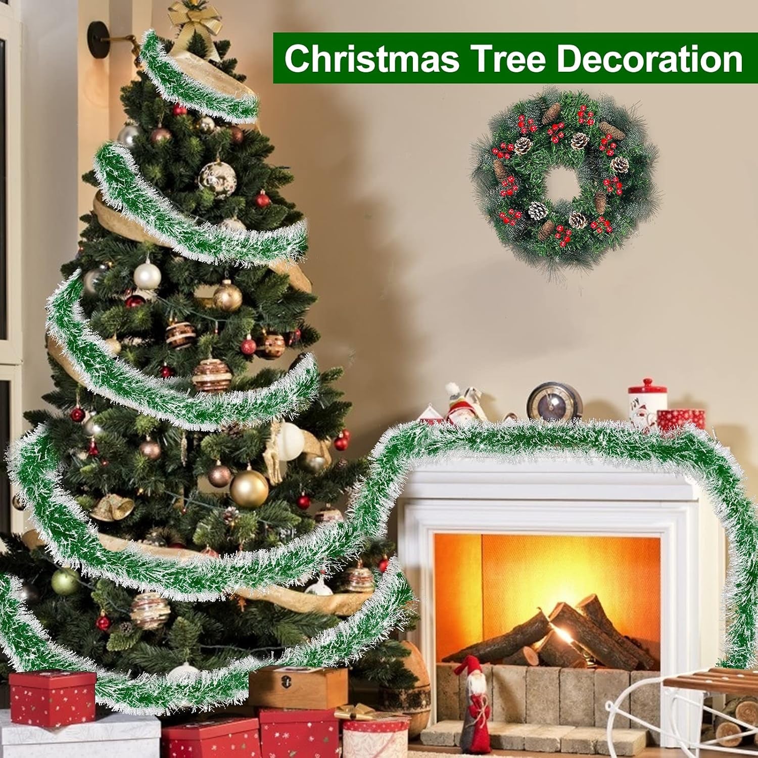 5 String Total 50 Ft Green Christmas Tinsel Garland Xmas Tree Decorations Christmas Metallic Twist Garland Hanging Decorations Indoor Outdoor Christmas Party Supplies, Each 10 Ft by 4 Inch