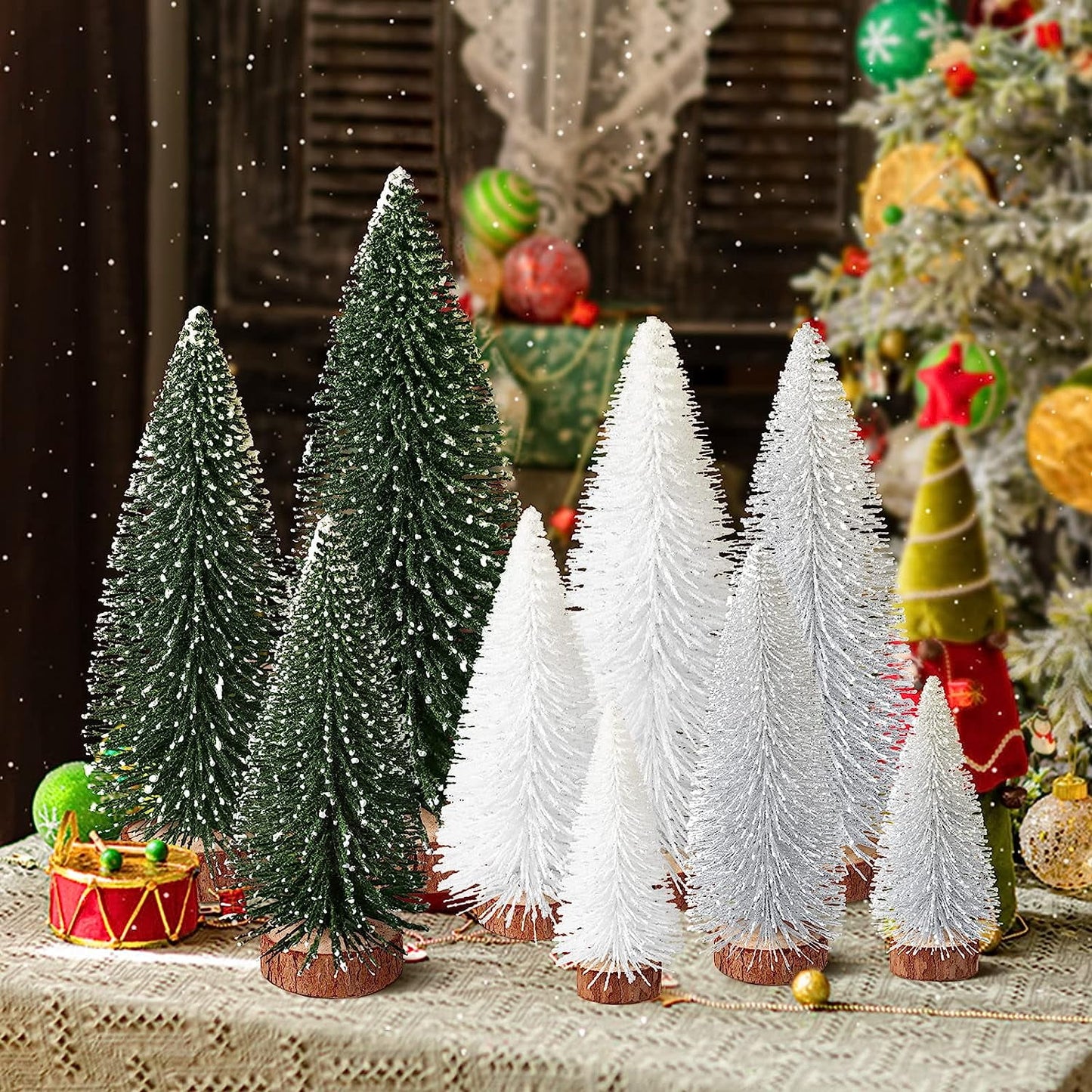 9Pcs Mini Christmas Trees Christmas Decor Artificial Christmas Decorations with 4 Sizes, Christmas Tree Bottle Brush Trees Christmas Table Decorations (Green Silver White)