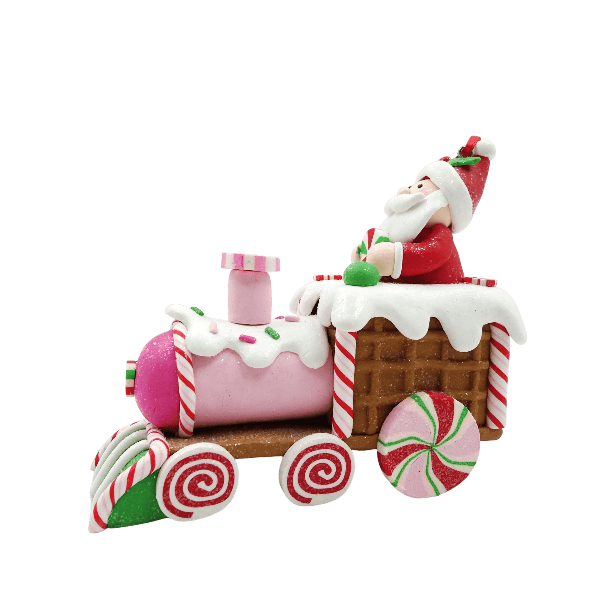 Multicolor Clay Dough Gingerbread Santa on Train Christmas Ornament, 5.1", by