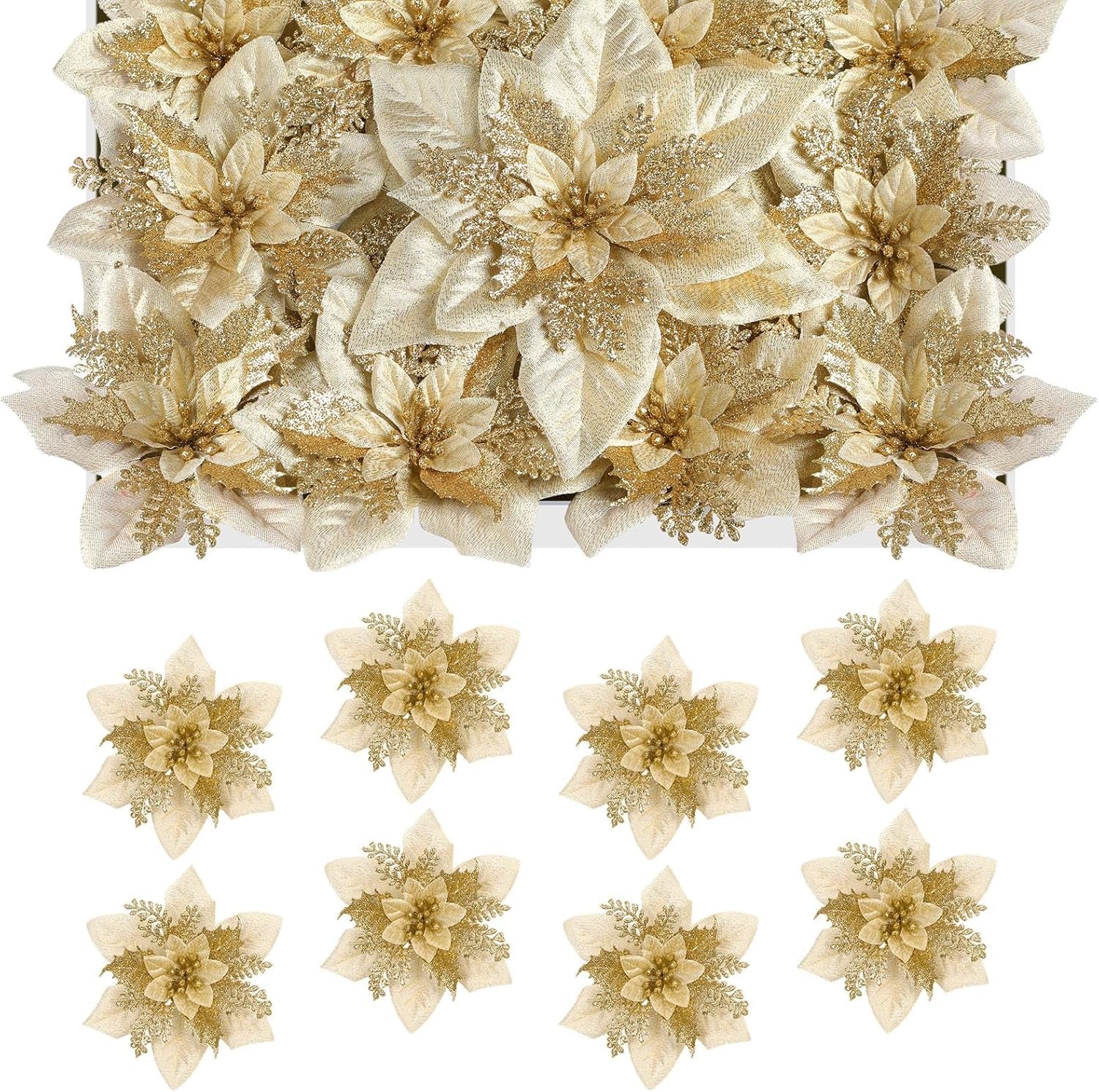 Artificial Poinsettia Christmas Flowers with Clips, Gold, 24 Pcs, Large Size