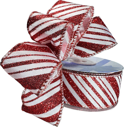 Wired Christmas Ribbon Red Stripes - 1 1/2" X 10 Yards, Red White Peppermint Candy Cane, Garland, Gifts, Wrapping, Wreaths, Bows