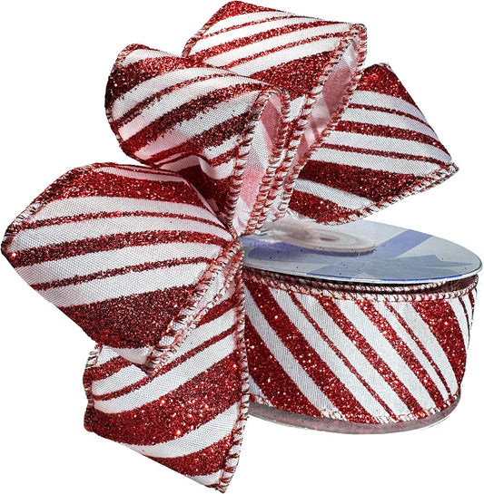 Wired Christmas Ribbon Red Stripes - 1 1/2" X 10 Yards, Red White Peppermint Candy Cane, Garland, Gifts, Wrapping, Wreaths, Bows