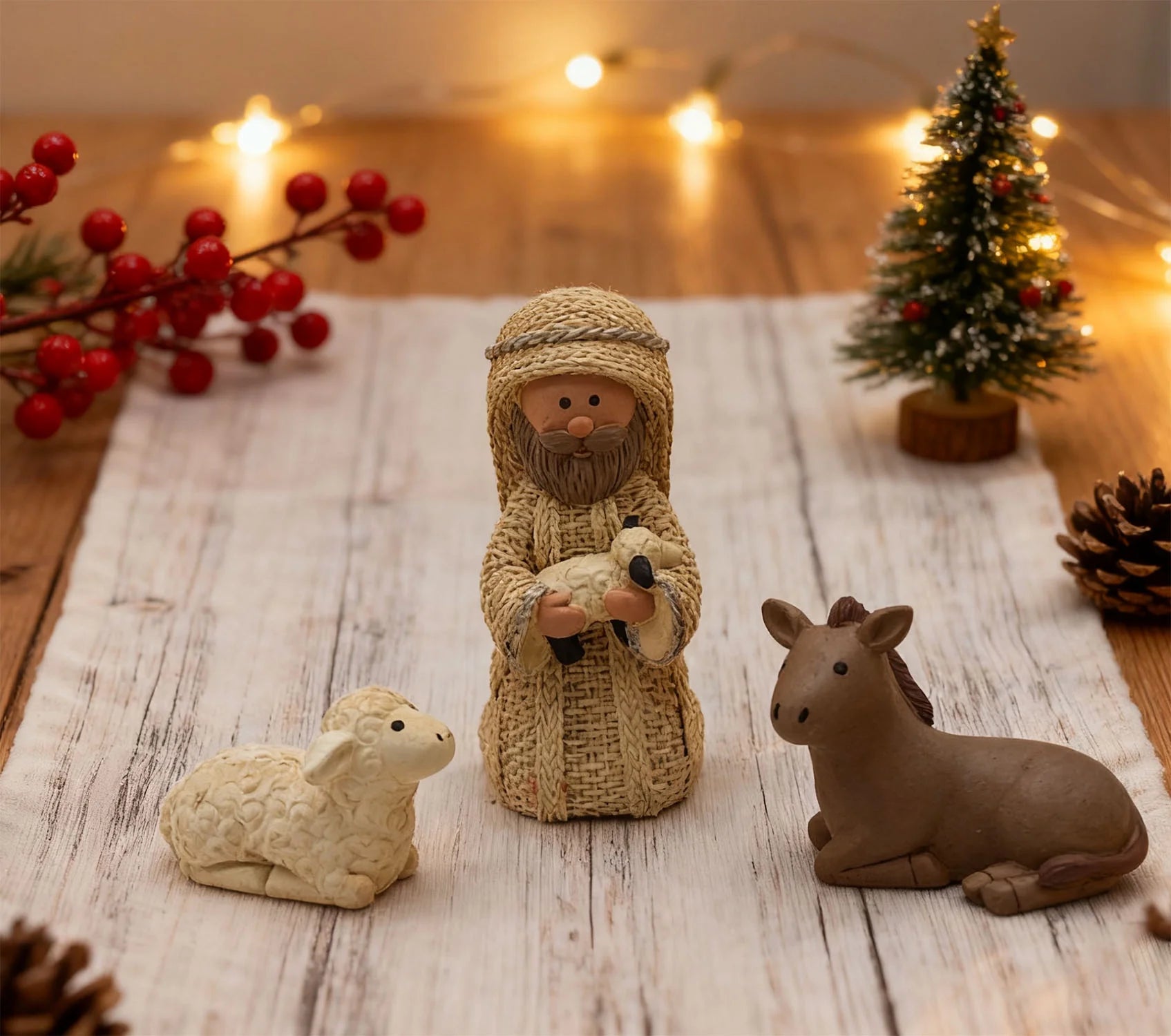 Nativity Knit Set Indoor - 9 Pcs Holy Family Figurines Baby Jesus with Manger, Religious Nativity Figurines Xmas Cable Nativity Scene for Tabletop Props Home Living Room Decor