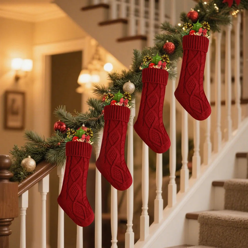 4PACK Christmas Stockings, Knitted Stocking for Holiday Christmas Party Family Decorations (Red )
