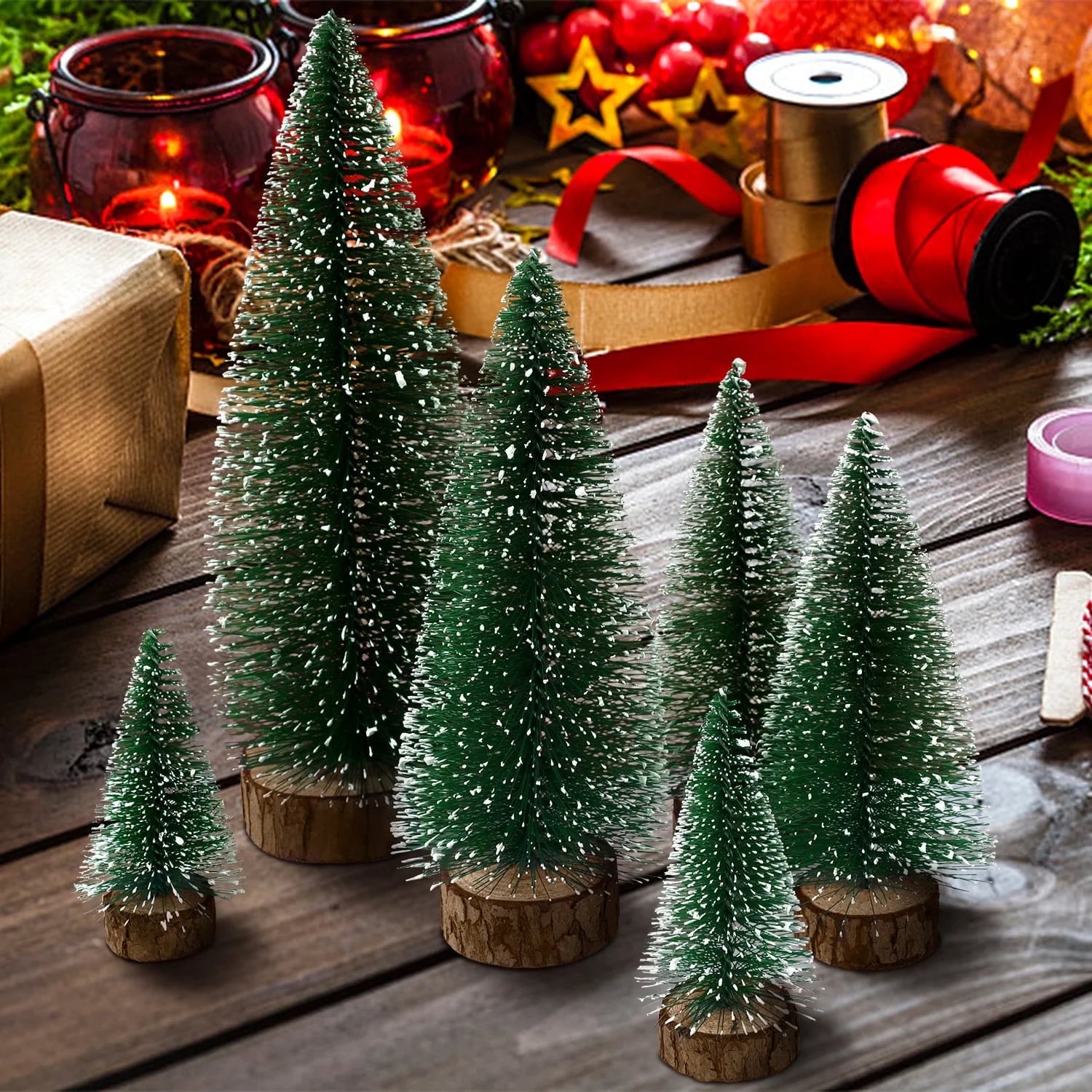Mini Christmas Trees Decorations - 6Pcs Small Bottle Brush Trees, Artificial Tabletop Christmas Tree for Indoor Outdoor Home Room Party(Green)