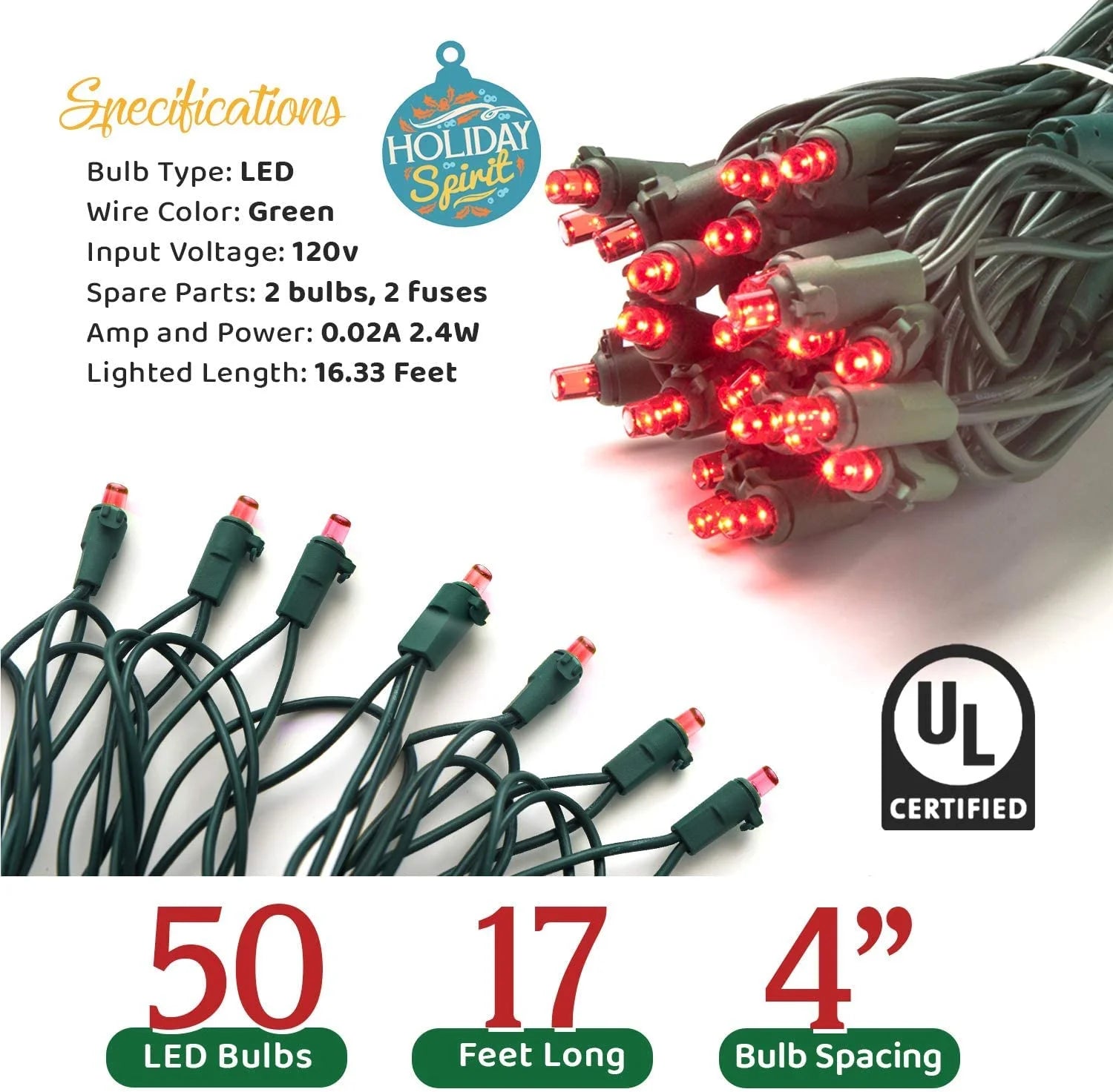 50 LED Mini Christmas String Lights 120V UL588 (50, Red)