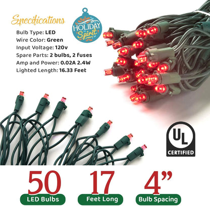 50 LED Mini Christmas String Lights 120V UL588 (50, Red)