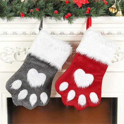 Pet Paw Plush Christmas Stockings 2 Pack Xmas Decorations Fireplace Hanging Socks Family Holiday Dog Cat Gift Stockings (Grey & Red)